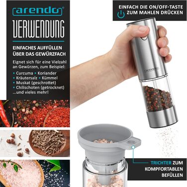 Електричні млини для спецій Arendo – набір з солі та перцю, нержавіюча сталь, керамічний механізм, LED-підсвічування, акумулятор, щітка та воронка