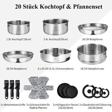 Набір каструль та сковорідок ROYDX з нержавіючої сталі 18/10 з знімними ручками, індукційне дно, стік, з кришкою, без PTFE PFOA, 10 предметів, придатний для миття в посудомийній машині та духовці
