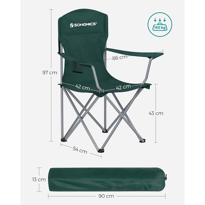 SONGMICS 2-Pack Folding Chair Camping Chair Folding Chair Comfortable Heavy-Duty Construction Max. Load Capacity 150 kg with Cup Holder Outdoor Chair (Dark Green)
