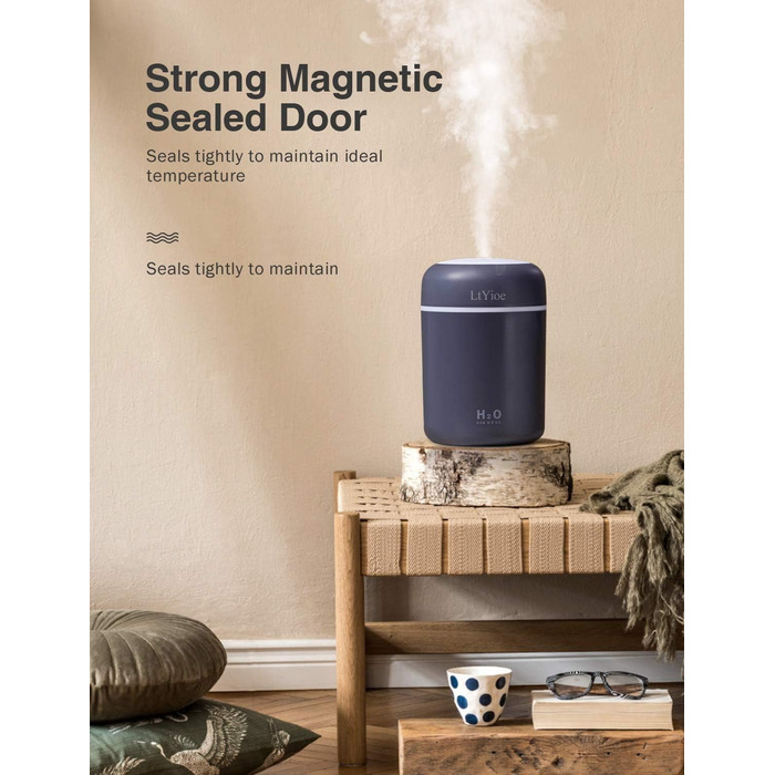 Зволожувач повітря USB, Міні-зволожувач для дому та офісу з нічним підсвічуванням, Автоматичне вимкнення, Тиха робота (Білий, Сірий)