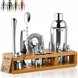 Набір для бармена Barillio Elite Mixology: шейкер, інструменти, бамбукова підставка, сумка, рецепти (сріблястий, бамбук)