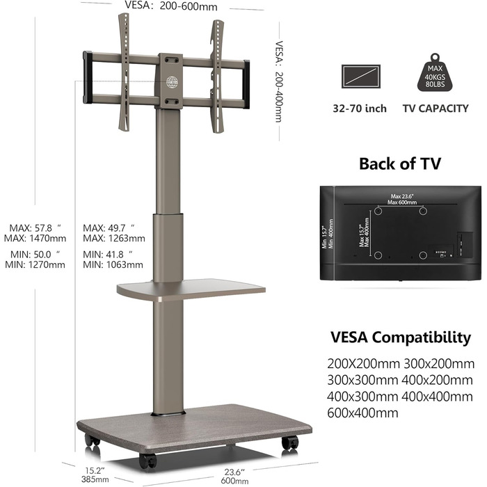 FITUEYES Rolling TV Stand with Wood Shelf - Adjustable Height & Swivel - Fits 32-70 inch TVs up to 40kg, VESA 400x600 - White (Khaki)