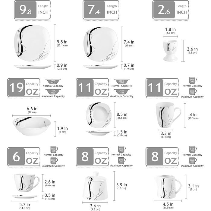 VEWEET FIONA 100-Piece Dinnerware Set, 12 Place Settings, Porcelain Dinnerware Set consisting of dinner plates, dessert plates, soup plates, cereal bowls, coffee cups, coffee mug set, egg cups, milk and sugar set
