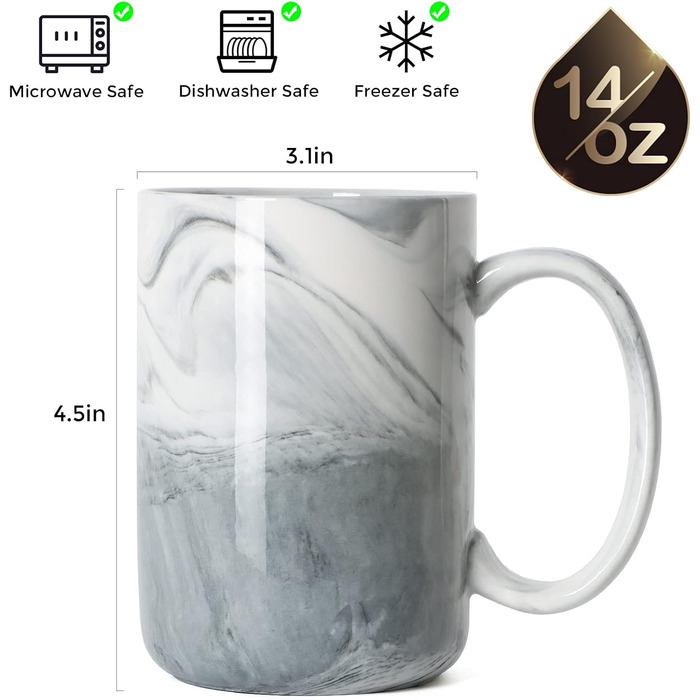 Smilatte Unique Coffee Cups, M068, Marble-Ceramic Cup with Large Handle, for Home and Office, Microwave-Safe, Set of 4, Gray