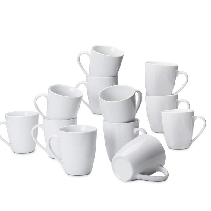 Amazon Basics Coffee Mug Set, 12-Piece Porcelain, 355 ml, White (Formerly AmazonCommercial Brand)