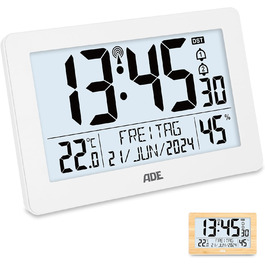 Digital XL Radio Clock with Very Large Numbers | Alarm Clock with 2 Alarm Times and Backlight | Thermometer Hygrometer | Slim Frame Made of Real (White Wood)