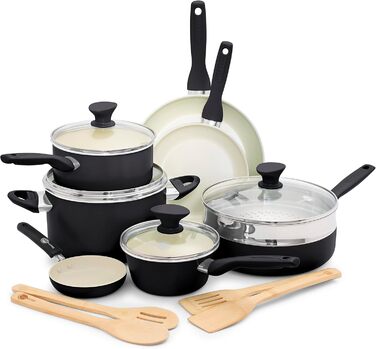 GreenPan Rio Healthy Ceramic Non-Stick 16-Piece Cookware Set with Frying Pans, Sauce Pans, PFAS-Free, Stay-Cool Handle, Oven Safe up to 160°C, Dishwasher Safe, Black & Crème Cookware Set 16-Piece Black & Crème