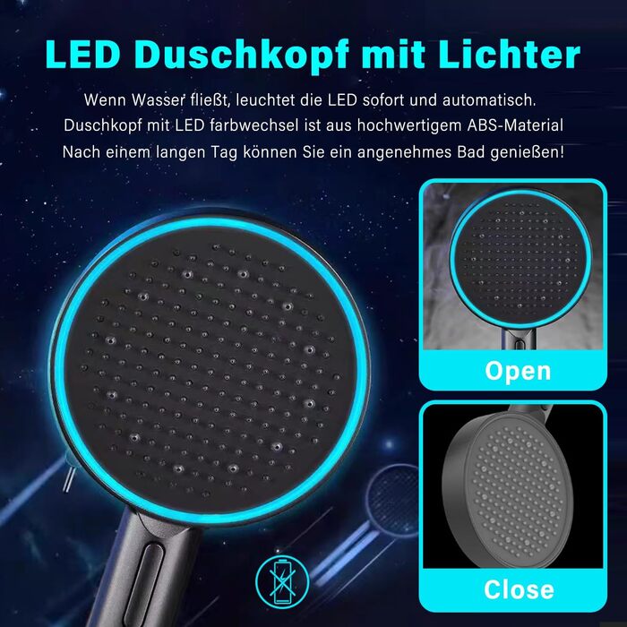 JINYOMFLY LED Shower Head with Lights, Shower Head with LED Lighting, 15CM Shower Head Color Changing, 3 Shower Modes Shower Light, Shower Head Light with Liquid Silicone Nozzle