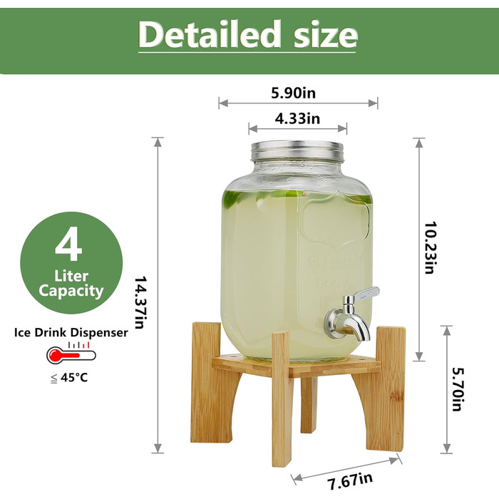 Скляний диспенсер для напоїв на підставці 4л з нержавіючою сталею та бамбуком