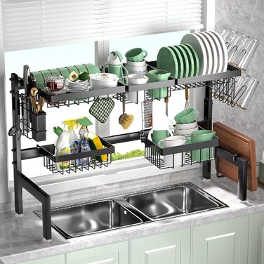 Регульована сушилка для посуду на 2 яруси, 66-85 см, чорна, з 4 кошиками для столових приборів та тримачем для напоїв