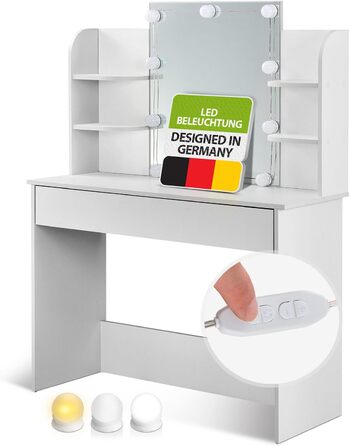 Косметичний стіл Juskys Bella з LED підсвічуванням, дзеркалом, шухлядою та 4 полицями, 108x40x140 см, білий, дерев'яний туалетний столик