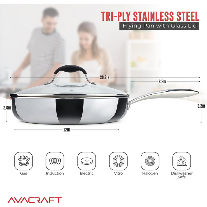 Сковорода AVACRAFT з нержавіючої сталі 18/10 Tri-Ply з кришкою, виливами, зручною ручкою, для індукційних плит, 30 см
