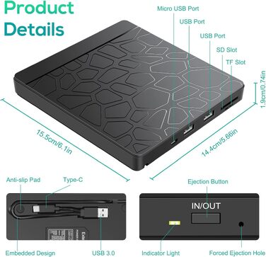 Зовнішній CD/DVD-привід Labtec для ноутбука Windows 11/10, USB 3.0 та Type-C, з картридером SD/TF та USB-хабом, портативний DVD-брунер