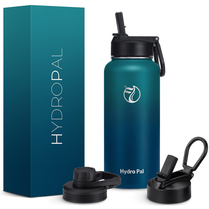 Термопляшка HydroPal 1.2л (1200мл) нержавіюча сталь, BPA-free, зелений/темно-зелений: для спорту, подорожей, кемпінгу. З трубочкою та двома кришками.