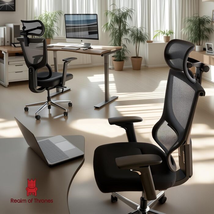 Офісний стіл Realm of Thrones CAPTAIN Deluxe: ергономічний стілець з регульованою поперековою підтримкою, дихаюча спинка, комфортне сидіння, сталева база, відкидні підлокітники (сірий)