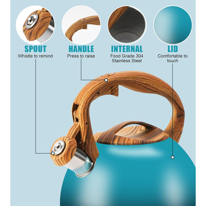 Чайник-свисток Foedo 3.2 л з нержавіючої сталі з дерев'яною текстурою, 3.2 л, для чаю, кави та молока, класичний дизайн, червоний (градієнт темно-зеленого кольору)