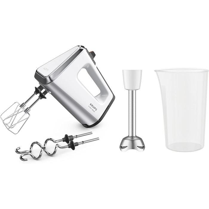 Krups GN9121 3 Mix 9000 Hand Mixer | 750 Watt | Speed Control | Turbo Mode | Ejection Function | Ergonomic Handle | Includes Whisk, Dough Hooks, Immersion Blender Attachment, Measuring Cup | White/Silver White/Silver Single