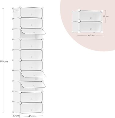 WOLTU Shoe Box, Shoe Storage, Set of 10, Stackable Design, for 20 Pairs, with Door, Hooks, 40x30x170 cm, White