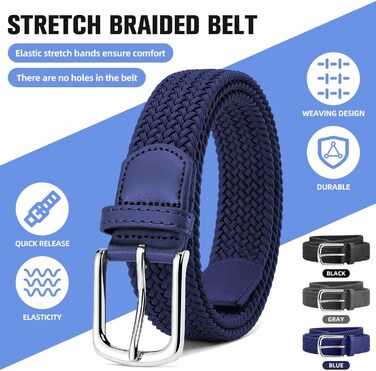 Набір з 2 еластичних тканинних ременів для жінок та чоловіків – регульовані, 3,3 см, довжина 100-120 см (чорний + синій), 100 см