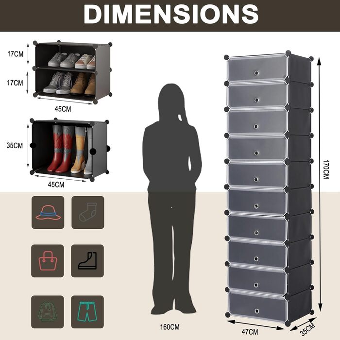 WOLTU Shoe Box, Shoe Storage, Set of 10, Stackable Design, for 20 Pairs, with Door, Hooks, 40x30x170 cm, White (47 x 35 x 170 cm, Black)