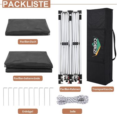 COBIZI Pavilion 3x3 Waterproof, Stable, Winter-Proof Party Tent 3x3 with 4 Side Walls Pop-Up Folding Pavilion UV Protection 50+ Garden Pavilion with Handbag, 8X Pegs and 4X Wind Rope, (Black, 3x6 m)