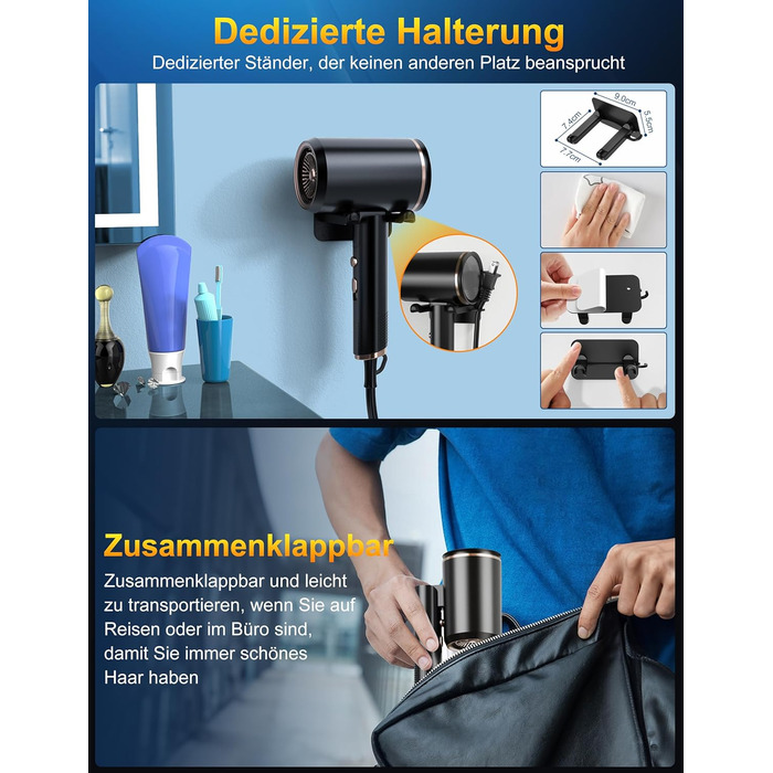 Професійний фен 2400W з іонізацією та складним механізмом, для швидкого сушіння, з насадкою-дифузором та сумкою, чорний