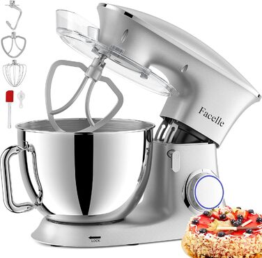 Facelle 2000W 8.5L Stand Mixer - Heavy Duty Dough & Bread Machine with Whisk, Dough Hook, Beater & Splash Guard for Baking Cakes, Cookies & Kneading - 6+ Speed (Silver)