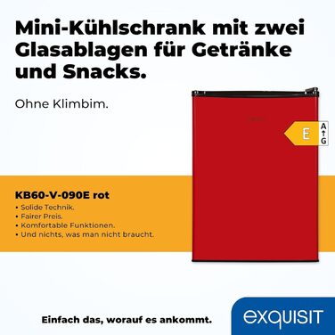 Exquisit Mini холодильник KB60-V-090E червоний | 52 л об'єм | LED-підсвітка | скляні полиці | ширина 45 см