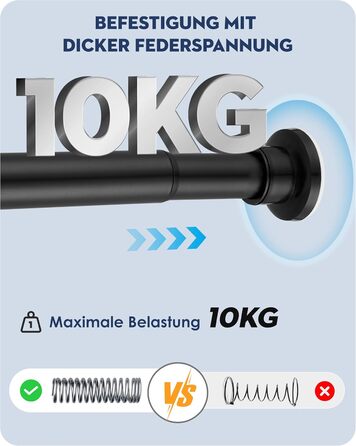 Штанга для душу без свердління, штанга для ванни, нержавіюча сталь, телескопічна, 70-195 см, чорна