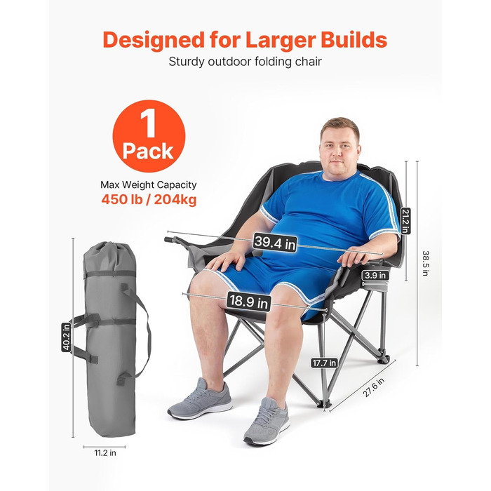 Кемпінговий стілець VEVOR великий, складний - до 204 кг, з підсклянниками, для риболовлі, пікніка, чорно-сірий