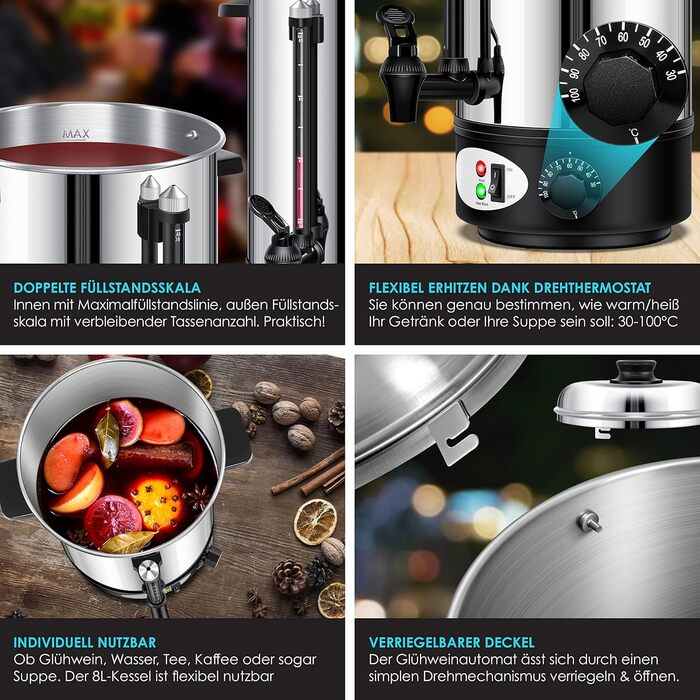 KESSER® Mulled Wine Boiler 8L Stainless Steel Incl. 10 Cups Mulled Wine Cooker with Thermostat Mulled Wine Dispenser Hot Beverage Dispenser Water Boiler Hot Water Dispenser Canning Device Level Indicator Tap Silver