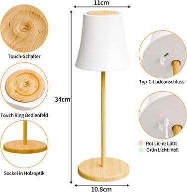 LED-лампа настільна Suright бездротова, акумуляторна з 3 кольоровими режимами та RGB, плавне регулювання яскравості, сенсорне керування, IP54 вологостійка для саду, кемпінгу, вечірки, спальні, кафе, з імітацією текстури дерева