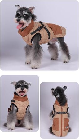 Dog coats with harness, winter warm jacket windproof pet clothing with pocket design snowsuit dog coats for small to medium dogs (M, Khaki)