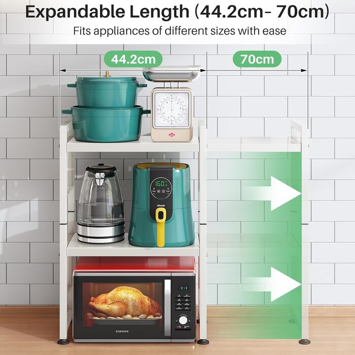 Поличка для мікрохвильової печі SAYZH, 3-рівнева висувна, органайзер для кухні з 10 гачками, біла