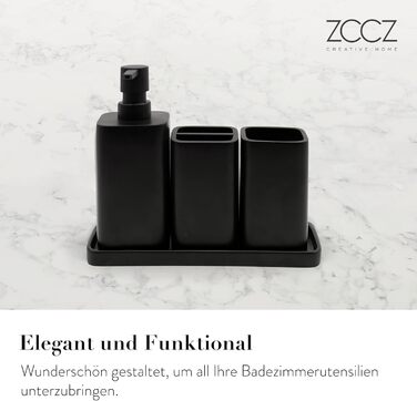 Набір для ванної кімнати ZCCZ – 4 предмети: тримач для зубних щіток, дозатор мила, мильниця та стакан для зубних щіток. Елегаторне зберігання косметики та декор з ефектом мармуру, білий, чорний матовий
