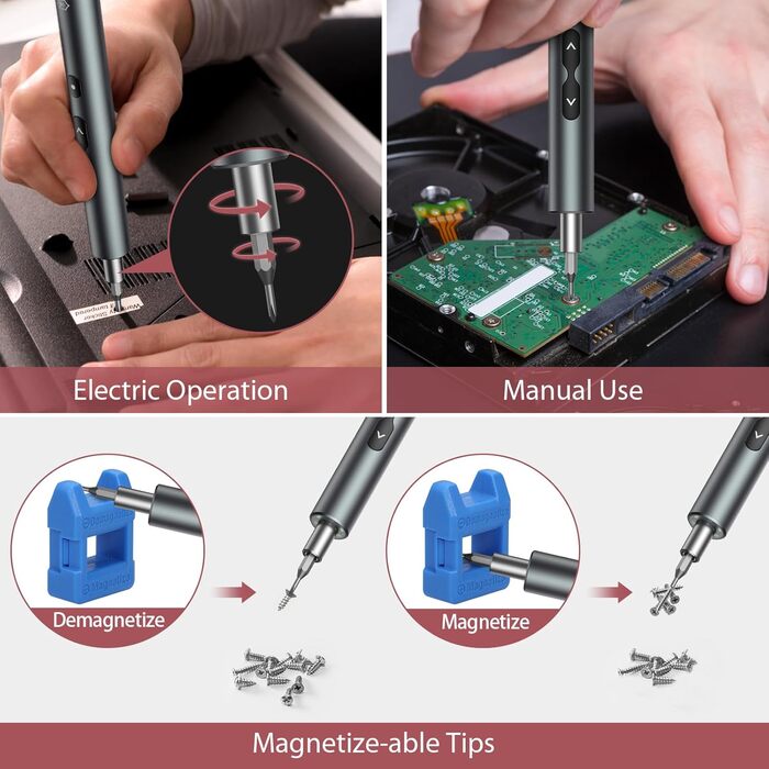 LOFICOPER Міні електричний набір викруток 28 в 1 з LED, USB-C, для ремонту ноутбуків та годинників (сірий)