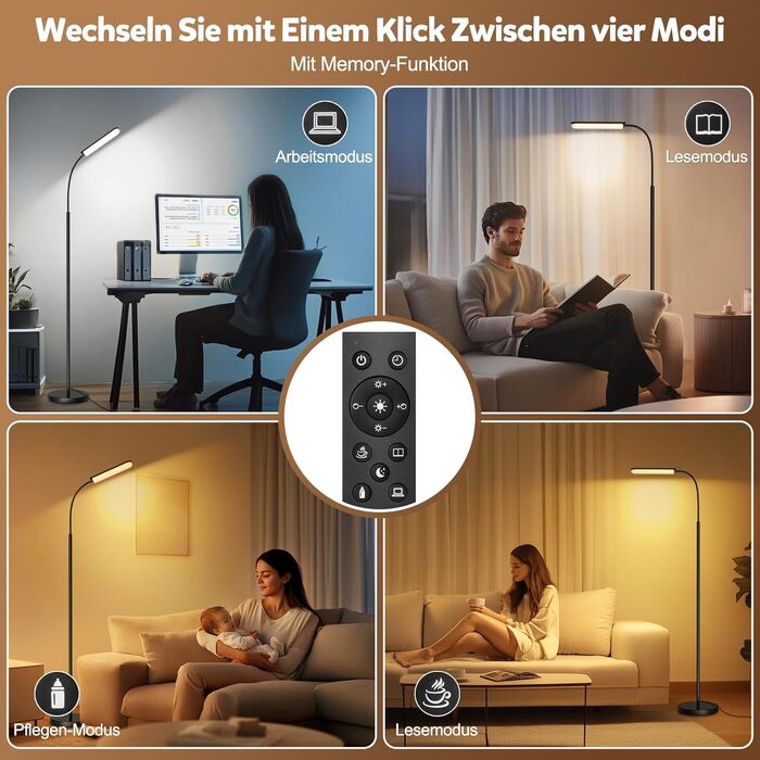 LED-лампа Handsonic на ніжці, 18W, 1650LM, чорна, з регулюванням яскравості, 360° гнучкий шийка, диммер, пульт дистанційного керування, ретро-дизайн, для вітальні та читання