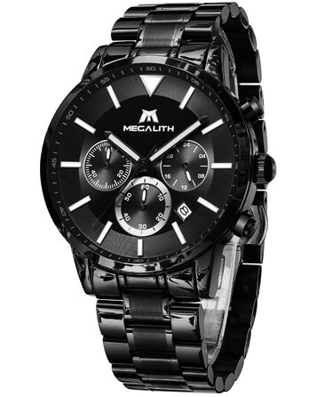 Чоловічий годинник MEGALITH з нержавіючої сталі, хронограф, велике циферблат, водостійкий, з датою, для роботи та відпочинку. Стильний подарунок для чоловіків (8345 Чорний)