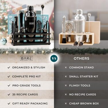 Набір бармена BARE BARREL® з 14 частин: шейкер, аксесуари для Мартіні, інструменти для приготування коктейлів, 35 рецептів, подарунковий набір (680 мл, чорний)