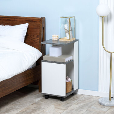 HOMCOM Bedside Table with 4 Wheels, 3 Shelves, 35 x 29.5 x 65.5 cm, Gray/White