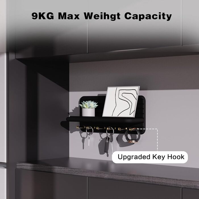 Дерев'яне ключниця з полицею та 6 гачками, ключниця на стіну для прихожей, кухні (чорний)