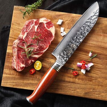 Кухонний ніж Santoku YARENH 18 см з дамаської сталі 73 шари, гострий, дерев'яна ручка, серія HTT