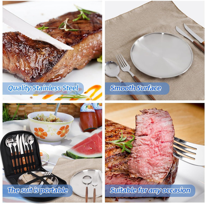 Набір посуду для кемпінгу на 2 особи, 12 предметів, нержавіюча сталь, столові прибори для пікніка, портативні чохли, ручки з імітацією дерева, килимок на стіл