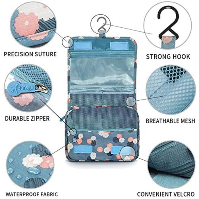 Сумка для туалетних приналежностей на блискавці | Розкладна дорожня косметичка з ручкою | Багатофункціональна сумка для туалетних речей, компактна косметичка, валізка для чоловіків та жінок (Квітка блакитна)