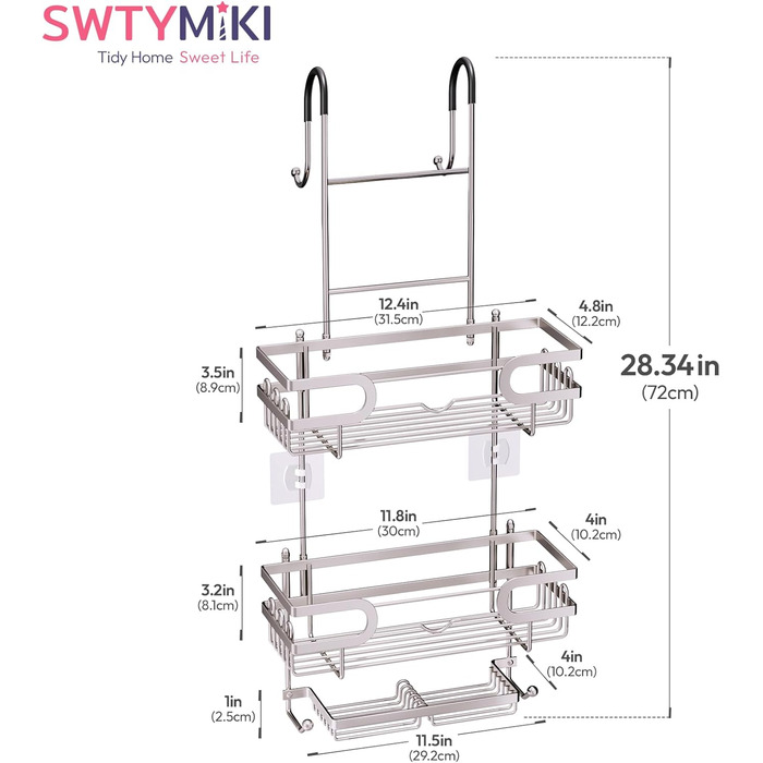 Настінна поличка для душу SWTYMIKI з нержавіючої сталі, сірого кольору - 2 корзини, 2 мильниці, 14 гачків