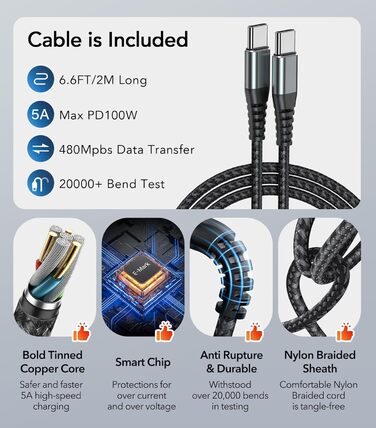 Зарядний пристрій USB-C 65W з 3 портами, кабель 2м, для MacBook, iPhone, Switch, Galaxy, Tablet, Laptop (Чорний)