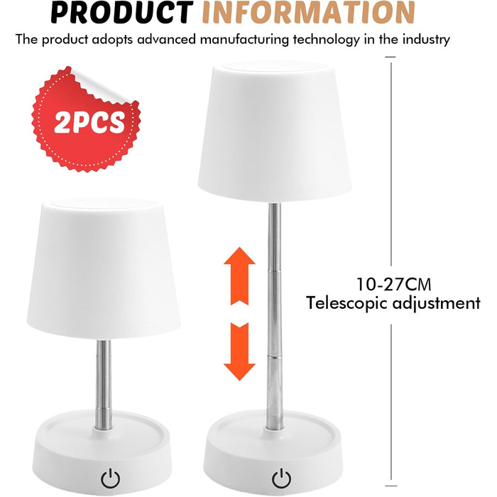 LED Настільна лампа акумуляторна 2 шт. USB зарядка, телескопічна, бездротова, тепле біле світло, сенсорна, для спальні, вітальні, тумбочки