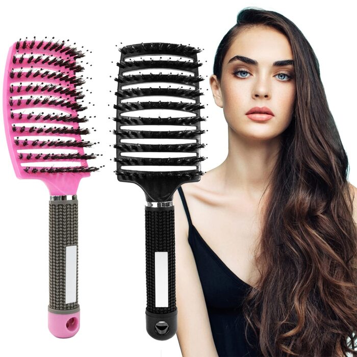 Двопакетна щітка для волосся (чорний та фіолетовий) з щетиною дикого кабана - безшумна, розподіляє олію для волосся, розгладжує пух, дихаюча та прискорює сушіння. Фіолетова поп-щітка (рожева поп-щітка)