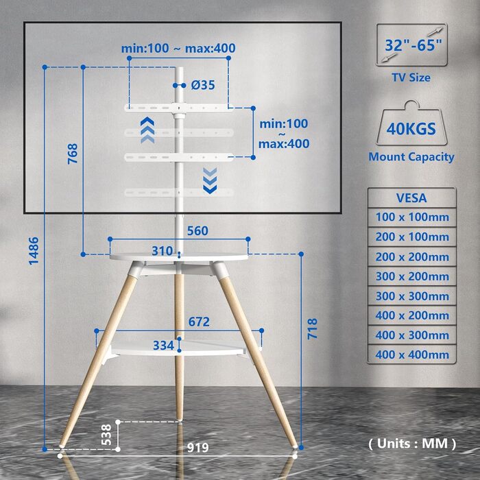 Підставка для телевізора 5Rcom Weiß з 2 полицями 32-65 дюймів, дерев'яна, поворотна, регульована по висоті, VESA 400x400, до 40 кг