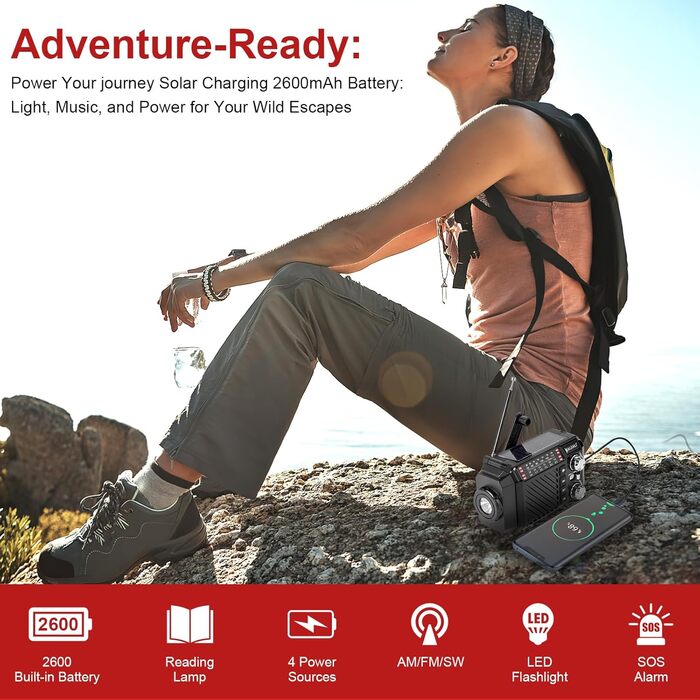 Радіо-приймач Kurbelradio з сонячною панеллю, Powerbank 2600mAh, AM/FM/SW, LED-ліхтарик та SOS-сигналом для надзвичайних ситуацій (Чорний)